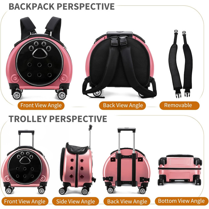 Рюкзак для тварин PETCUTE, рожевий: комфортний перенос для собак та котів до 7.5 кг, з виймальною підстилкою та преміум-колесами