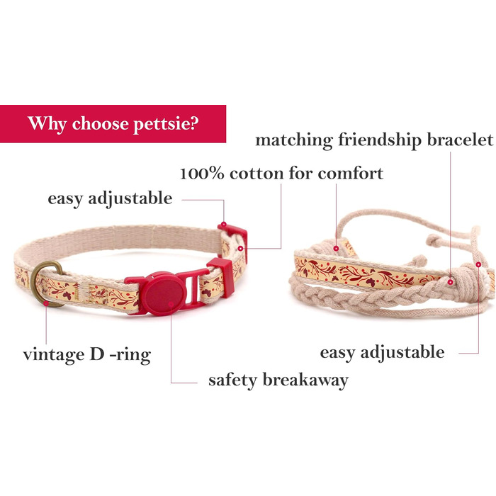 Набір ошийник та браслет для котів Pettsie, безпечний дизайн, бавовна, регульований розмір 19-29 см (12,7-20,3 см), червоний