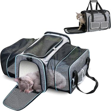 Транспортна сумка для кота PETCUTE, розширювана, з м'яким флісовим ліжком, 2 сторони відкривання, вентильована, з бічними кишенями, схвалена для перевезень авіакомпаніями (S, сірий)