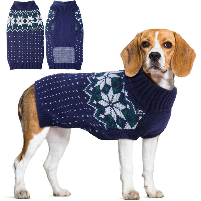 Синій теплий пуловер для собак з отвором для шлейки, вязаний, з коміром-стійкою, святковий, для домашніх тварин, розмір L