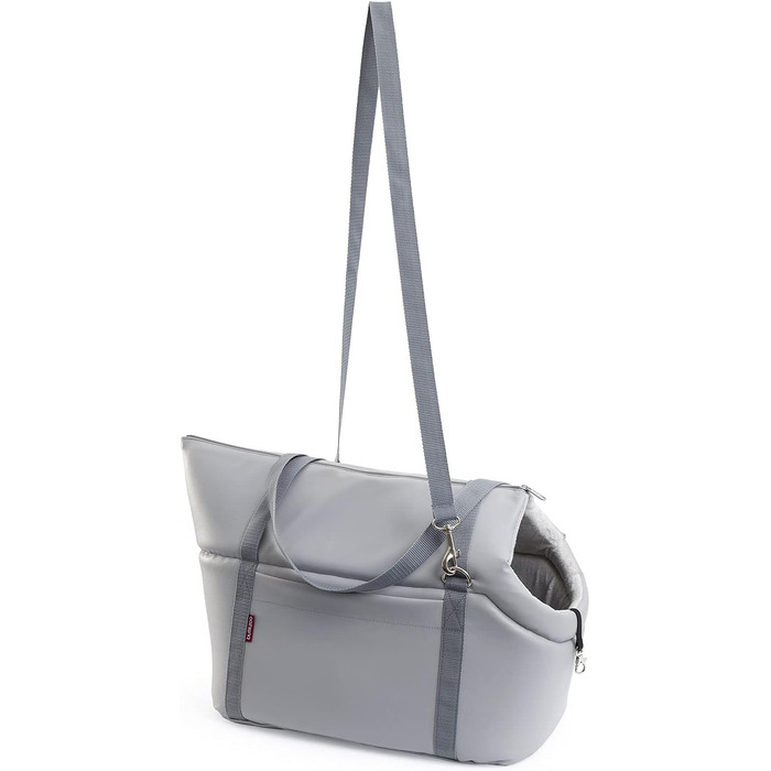 Сумка-переноска для собак та котів | Шкіряна сумка-переноска з гумкою та карабіном | до 15 кг | Шкіра | Розмір L | Сірий колір (42 x 29 x 33 см)