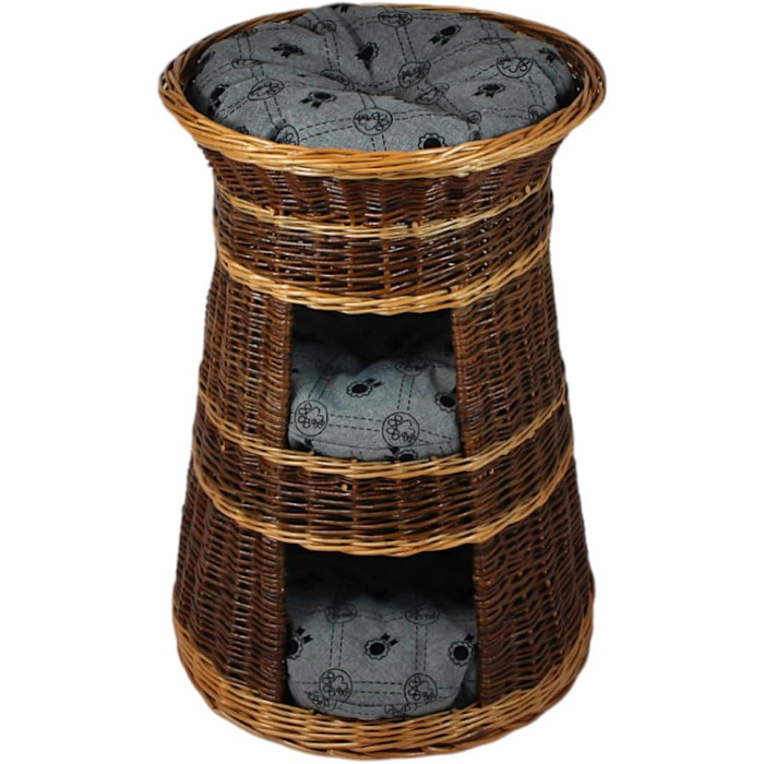 Корзина для котів для сну – котяча хатинка для дому – розмір 43 x 49 x 70 см, кругла – котяча печера з лози, трирівневе ліжко для собак або котів з пральним подушками в бежевому кольорі – лакована корзина (подушка світло-сіра)