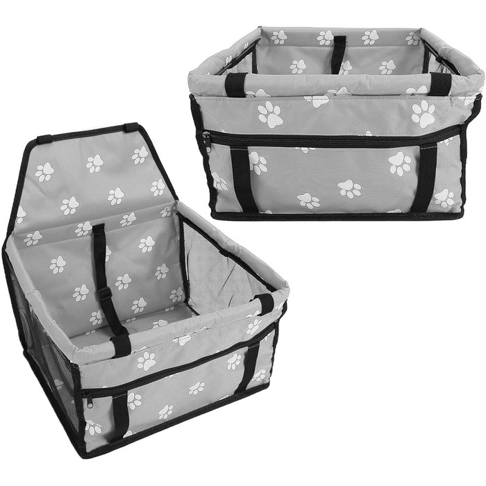 Переноска для тварин з принтом лапок, складана переноска для собак з тканини, миється, з ременями безпеки та підпоркою - Комфортна та безпечна для авто та подорожей (сіра підпорка з принтом лапок)