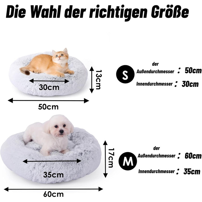 М'яке та пухнасте ліжко для собак, ліжко-пончик для котів, сіре ліжко-кошик для собак маленьких та середніх порід, 60x60x17 см, розмір M