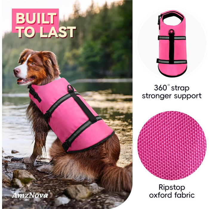 Жилет рятувальний для собак AMZNOVA Rip Stop, рожевий, XL (79-97 см)