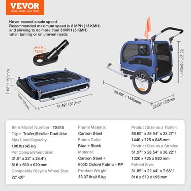 Фургон для собак VEVOR 45 кг 2-в-1: велосипедний/дитячий, сталь + Oxford 600D, синій