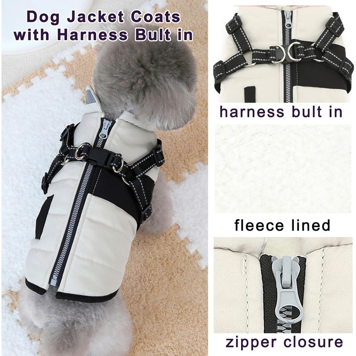 Зунеа Куртка для собак маленьких порід, тепла зимова куртка для цуценят з шлейкою, світловідбиваючі елементи, регульована застібка-блискавка, тепла флісова підкладка, сніговик, розмір XS/S, одяг для домашніх тварин, бежевий колір