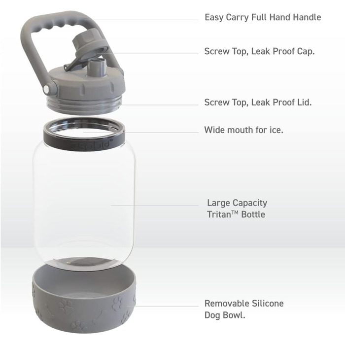 Asobu Barkley - Поїлка з мискою для собак, 1 л, Tritan, сіра | Для піших прогулянок, спорту та фітнесу