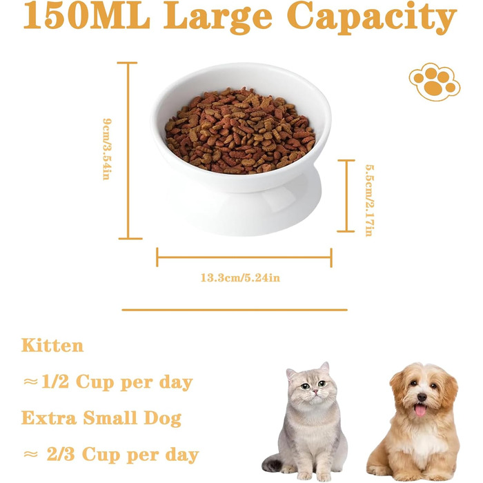 Підвищений годівниця для котів та маленьких собак, кераміка, антиблювання, 150 мл, 1 шт. (білий)