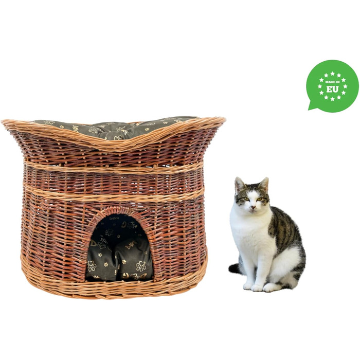 Корзина для котів, лежанка для котів - будиночок для котів, розмір 70 см, овал, кошик з лози, двоярусна лежанка для собак або котів з пральними подушками сірого кольору, лакована корзина (XL, темно-коричневі подушки)