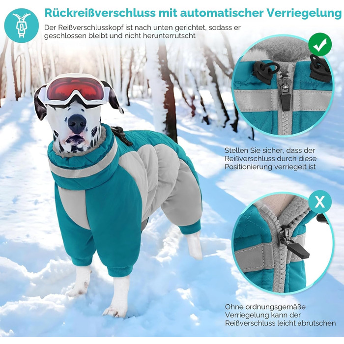 Зимовий комбінезон для собак AOFITEE - теплий водонепроникний одяг для великих собак (Лабрадор, Голден Ретривер) XL, турквіс