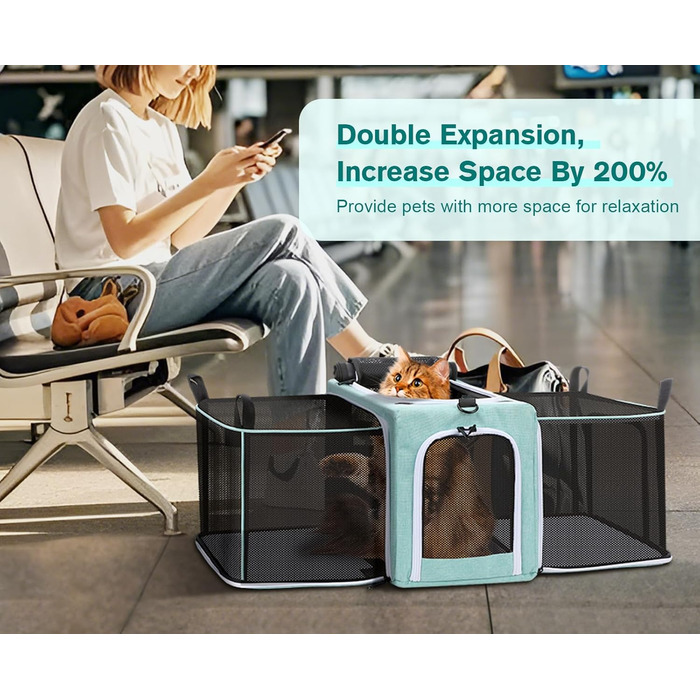 Транспортна переноска для котів Pecute, розширювана, для 2 котів, велика переноска для собак та цуценят, складана переноска-сумка для котів, аква-зелений колір