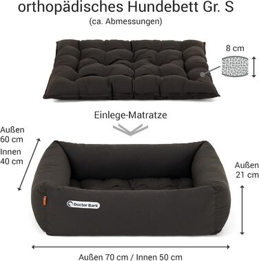 Ортопедичне ліжко для собак Doctor Bark - миється до 95°C, гігієнічне, без запаху, з м'якою підстилкою для собак середніх порід (S - 70x60 см, Коричневе)
