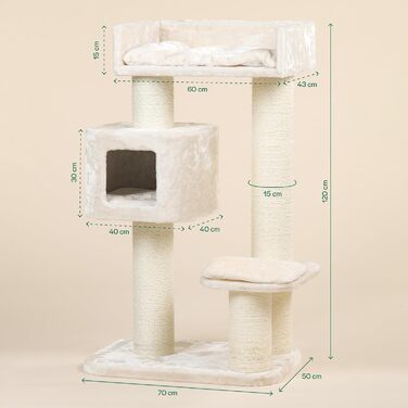 Котячий дряпак RHRQuality Devon Rex 120 см, кремовий, для великих котів, з ігровим будиночком та стовпами з сизалю 15 см