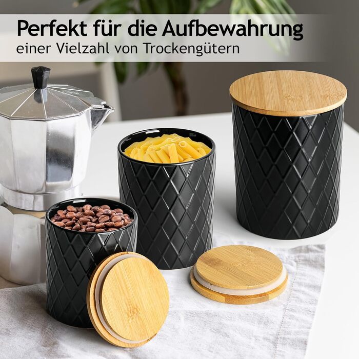 Набір з 3 вазок для зберігання Miamio Palmanova, кераміка з дерев'яним кришкою, білий та чорний кольори