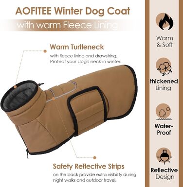 Теплий зимовий одяг для собак великих порід AOFITEE: водонепроникна куртка з флісу з коміром-хомутом, для Коргі, Бордер Коллі (L, Коричневий)