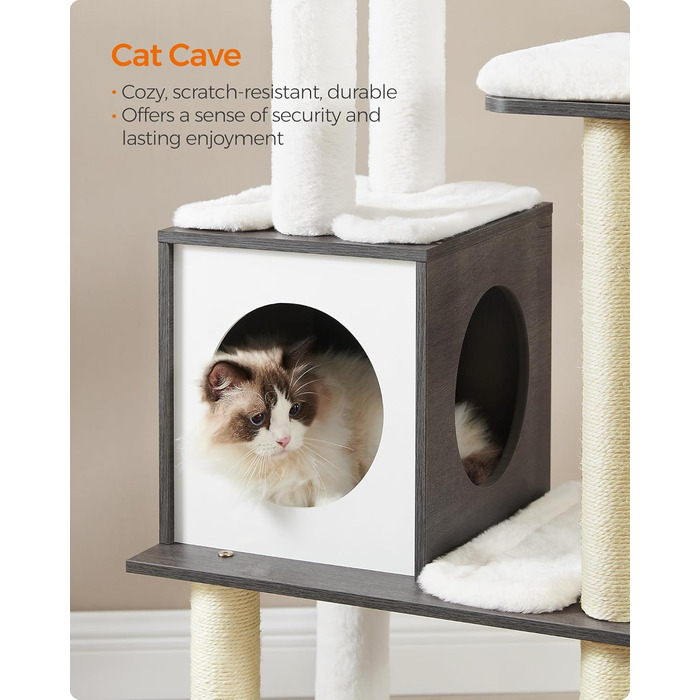 Дерев'яний будиночок для котів Feandrea WoodyWonders UPCT166G03, багатоярусний, з 5 стовпчиками для дряпання, лежаком, знімними подушками, сірий