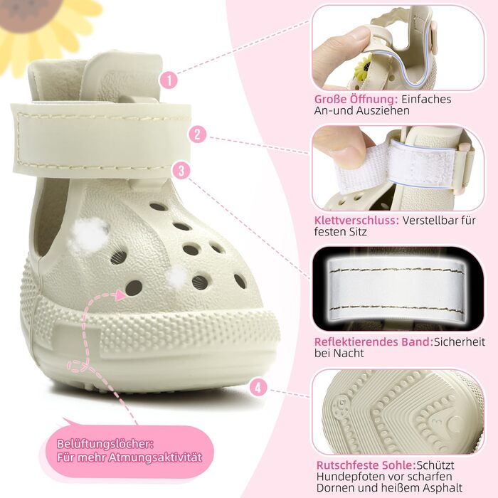 Чоботи для собак Eyein - захист лап, літо. Дихаючі, неслизькі собачі сандалії з регульованими світловідбиваючими смугами для маленьких, середніх та великих собак. Легко одягаються та знімаються (Розмір 6). Ширина 5.5 см (Розмір 3: Ширина 4.0 см, Білий)