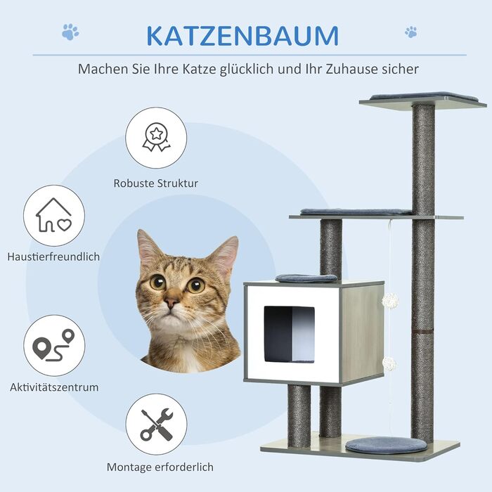Дряпак для котів PawHut, ігровий комплекс з сизалю, з полицею та м’ячиком, сірий, 71,5x49,5x120 см