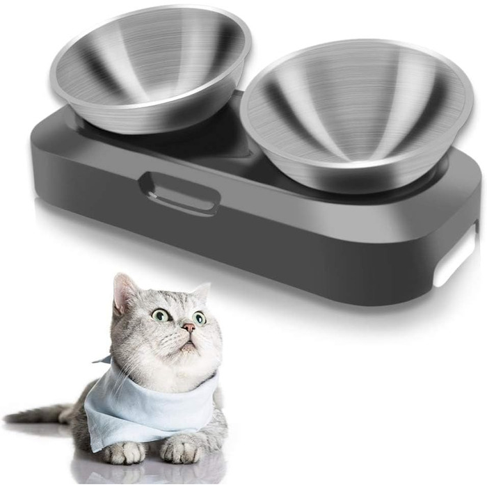 Підвищені годівниці для котів 2 шт. з нержавіючої сталі, нахил 15°, антиковзний стійкий, запобігає нудоті, придатні для миття в посудомийній машині
