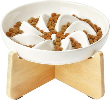 PETTOM Миска для котів протиковзаюча піднята, керамічна миска для котів, повільна годівниця для котів, миска протиковзання для котів та маленьких собак, біла миска + підставка (миска біла-квітка + підставка)