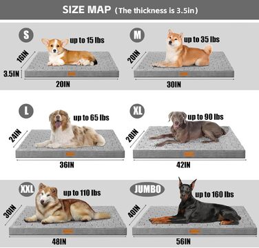 Ортопедичне собаче ліжко Patas Lague XL для великих собак, 106.7 x 71.1 см, водонепроникне, м'яке, тепле, зручне, з Eierkisten-піною, знімний, пральний чохол та антиковзаюча підкладка, сірого кольору