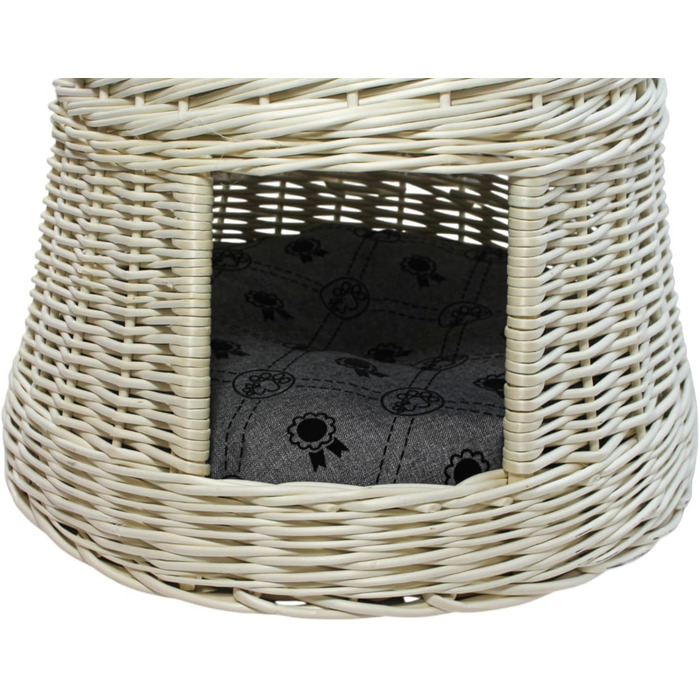 Кігтеточка-ліжко для котів: кругла хатинка з лози, 2 поверхи, білий колір, сірий лежак