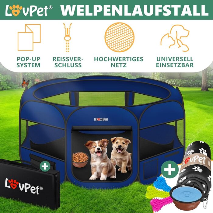 LOVPET® Складаний вольєр для цуценят і дрібних тварин, для собак і котів, з мискою та флісовою ковдрою, переносний вольєр з оксфордської тканини, поп-ап, для дому і вулиці, темно-синій