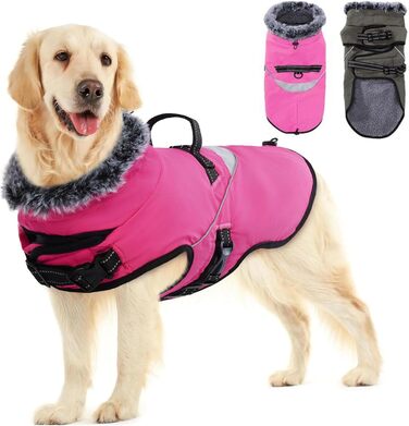 Водонепроникний собачий плащ IANZIMAU з шлейкою, зимовий, флісовий, з відбиваючими елементами, для маленьких, середніх та великих собак, сіро-зелений (M, Рожевий)