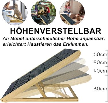Рампа для собак YRHome, 100x40x60 см, дерев'яна, для великих собак та котів, до 100 кг, регульована висота, антиковзаюча, для ліжка, дивана, авто