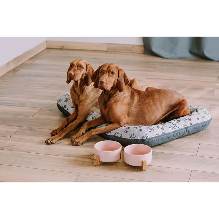 Двомісна керамічна годівниця для собак та котів з дерев'яною підставкою, рожева, 2x400 мл