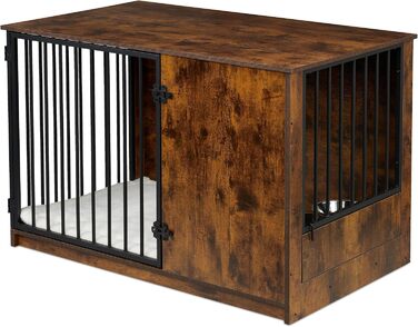 Клітка для собак Relaxdays, для дому, HBT: 65,5x102x60 см, 2 поворотні миски, собача будка з виглядом дерева, МДФ & сталь, (Коричневий/Чорний)