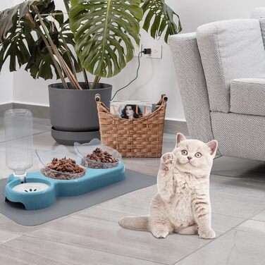 Набір мисок для котів та собак 2-в-1 з диспенсером води, антиковзаючою підкладкою та лопаткою (блакитний)