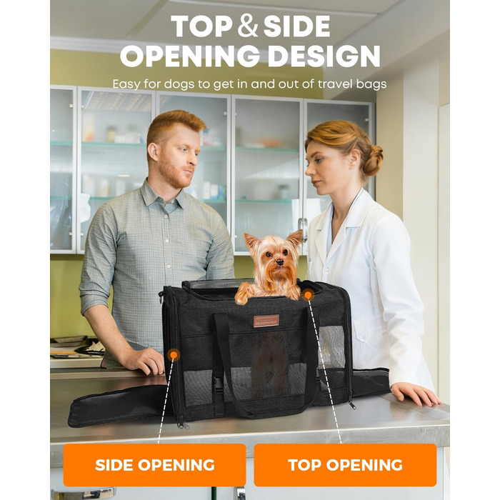 FOXFOCUS Сумка-переноска для собак з м'якими боковинами – 50,8 x 33 x 33 см, безпечний автокрісло, до 6,8 кг, верхній та бічний вхід, велика переноска для тварин з антицарапковим сітком, чорна