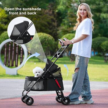 Складаний візок для собак з 4 колесами та дихаючою сіткою - Легкий транспортний візок для маленьких собак та котів до 10 кг, з регульованим сонцезахистом, тримачем для напоїв та страхувальним ременем, Чорний