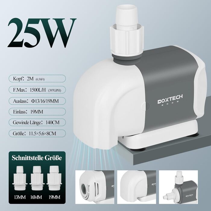 Boxtech Акваріумна занурювальна помпа 25W 1500 л/год, водяна помпа для акваріума з 3 насадками