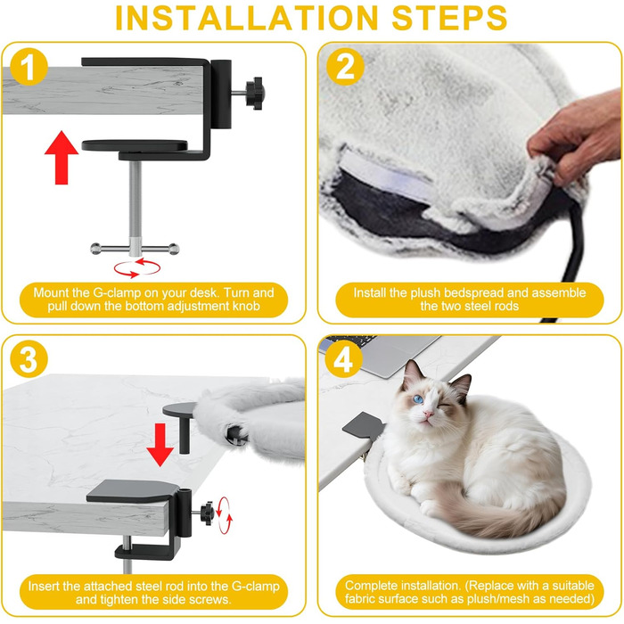 Кішка ліжко для столу Yuning, 360° обертання, регульована висота, будиночок для котів над столом, гамак для котів з 2 подушками, місце для сну кота, підходить для використання цілий рік, сірий колір