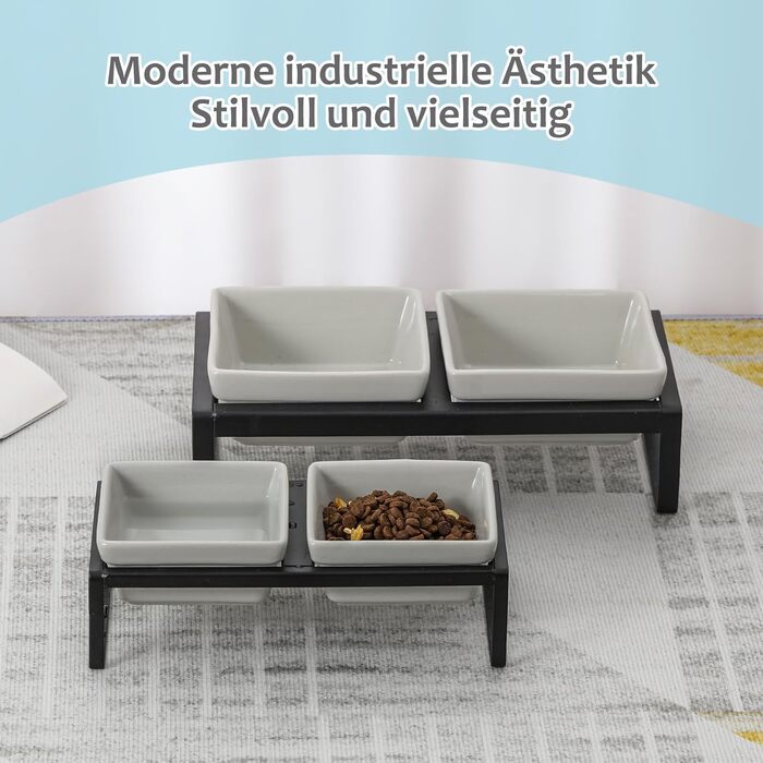 Підвищена годівниця для котів та собак сірого кольору, з підставкою, з подвійної кераміки, 2 x 280 мл