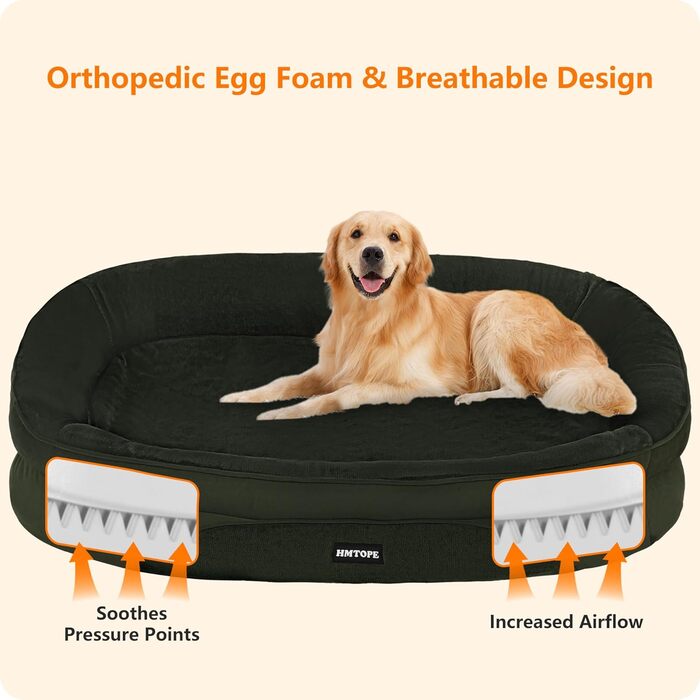 Ортопедичне ліжко для собак, ліжко-софа для собак з валиком, неслизьке дно, знімне та пральне, середні та великі породи, 106 x 79 x 17 см, оливковий колір