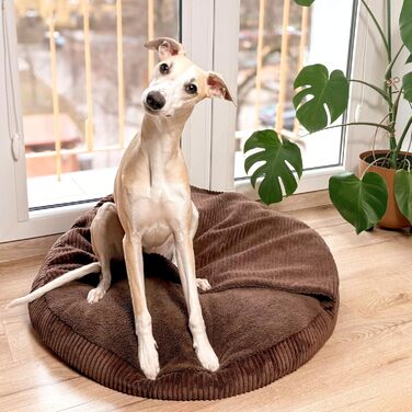Ліжко для собак 4L Textil Vigo з капюшоном, печеринка для собак, ковдра, корзина для собак, спальний мішок для собак, корзинка для собак, матеріал: Cord, середні породи собак, з ковдрою (Темно-коричневий, L 90 x B 90 x H 12 см)