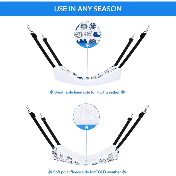 Підвісна лежанка для котів Pedgot, 60x50 см, з регульованими ремінцями та гачками, двостороння, для кліток