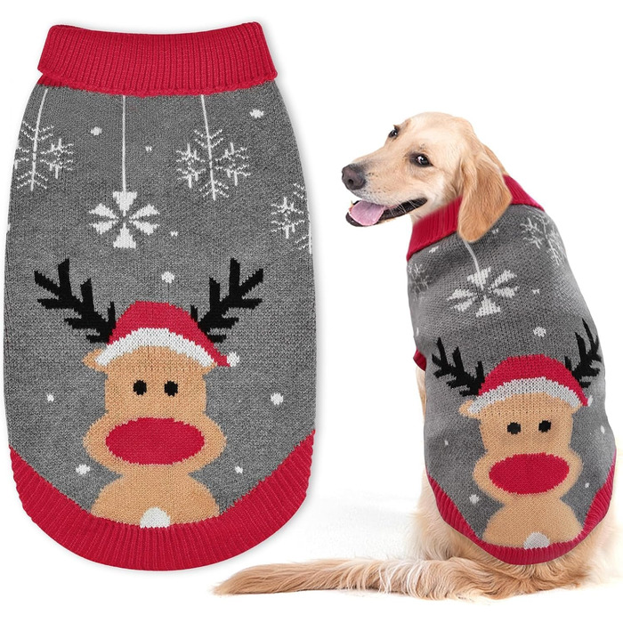 Пуловер для собак Elch Weihnachten: теплий зимовий пуловер з ролетним коміром для маленьких та середніх собак, сірий, XXL