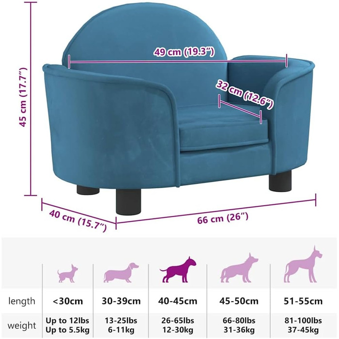 Крісло-ліжко для собак, м'яке ліжко для тварин, лежанка для маленьких собак та котів, блакитний велюр