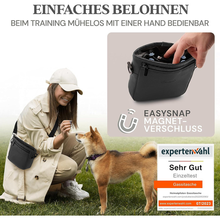 Сумка для ласощів для собак Heimatpfoten® з екошкіри, чорна, S - зручна гасiтна сумка з магнiтною застiвкою