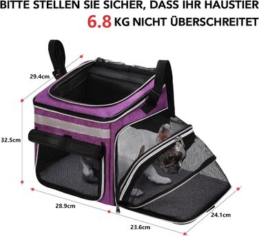 Сумка на велосипед для тварин (собаки, коти), рюкзак для домашніх улюбленців з сіткою, складана переноска для собак та котів до 6 кг (фіолетовий, 53 x 29 x 33 см)