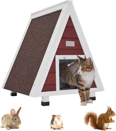 Вуличний будиночок для котів Petsfit з евакуаційними дверима, дерев'яний, водостійкий, із ялинової деревини, червоний