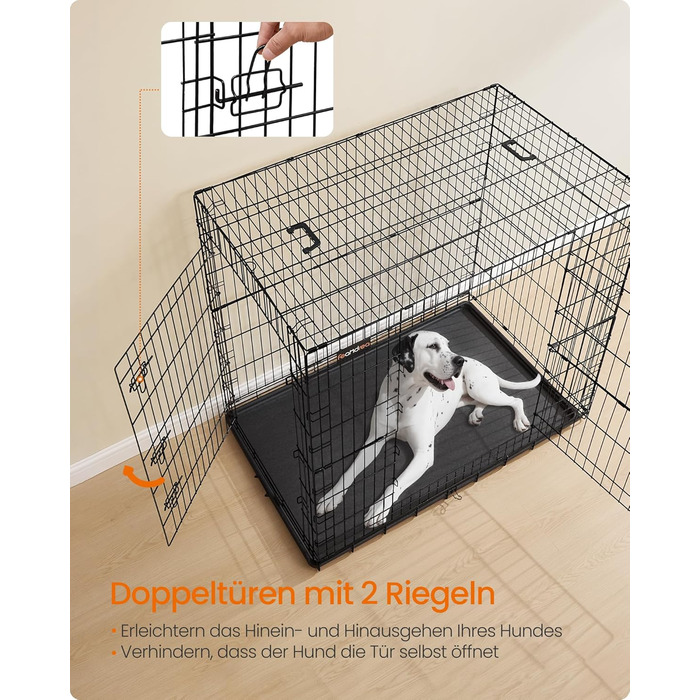 Клітка для собак Feandrea, розкладна, з 2 дверцятами, висувна миска, 122 x 74 x 114 см, XXL, чорна