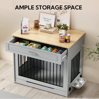 DAWNYIELD Клітка для собак, меблі, дерев'яна з відкидною дверцятами та шухлядою, стиль меблів, внутрішній вольєр для собак, стіл з поворотним миском на 360°, білий колір, біла розсувна дверцята (сіра розсувна дверцята)