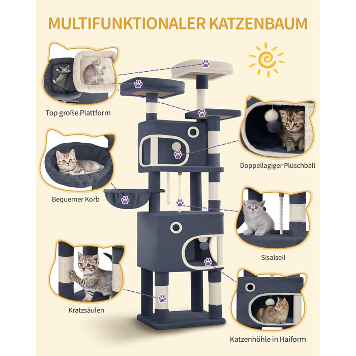 Драбина-кіготь для котів Hzuaneri, 159 см, з 8 кігтеточок, 3 платформ, 2 будиночків, кошиком, плюшевими кульками, мотузкою з сизалю, підходить для котів різних розмірів, MS15918LG (XL, темно-сірий)