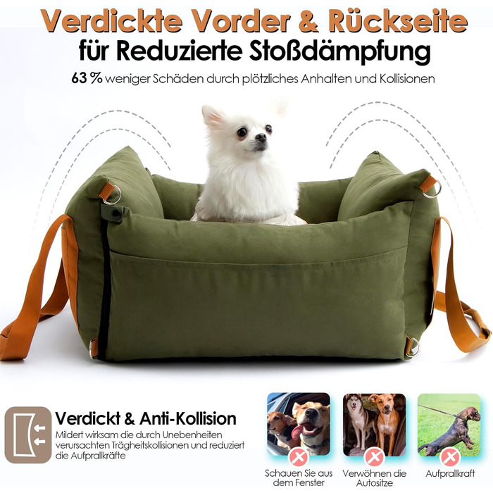 Автомобільний лежак для собак маленьких та середніх порід (до 15 кг), з висувною зоною відпочинку, знімний та пральний, з кишенями та ременем безпеки, зелений